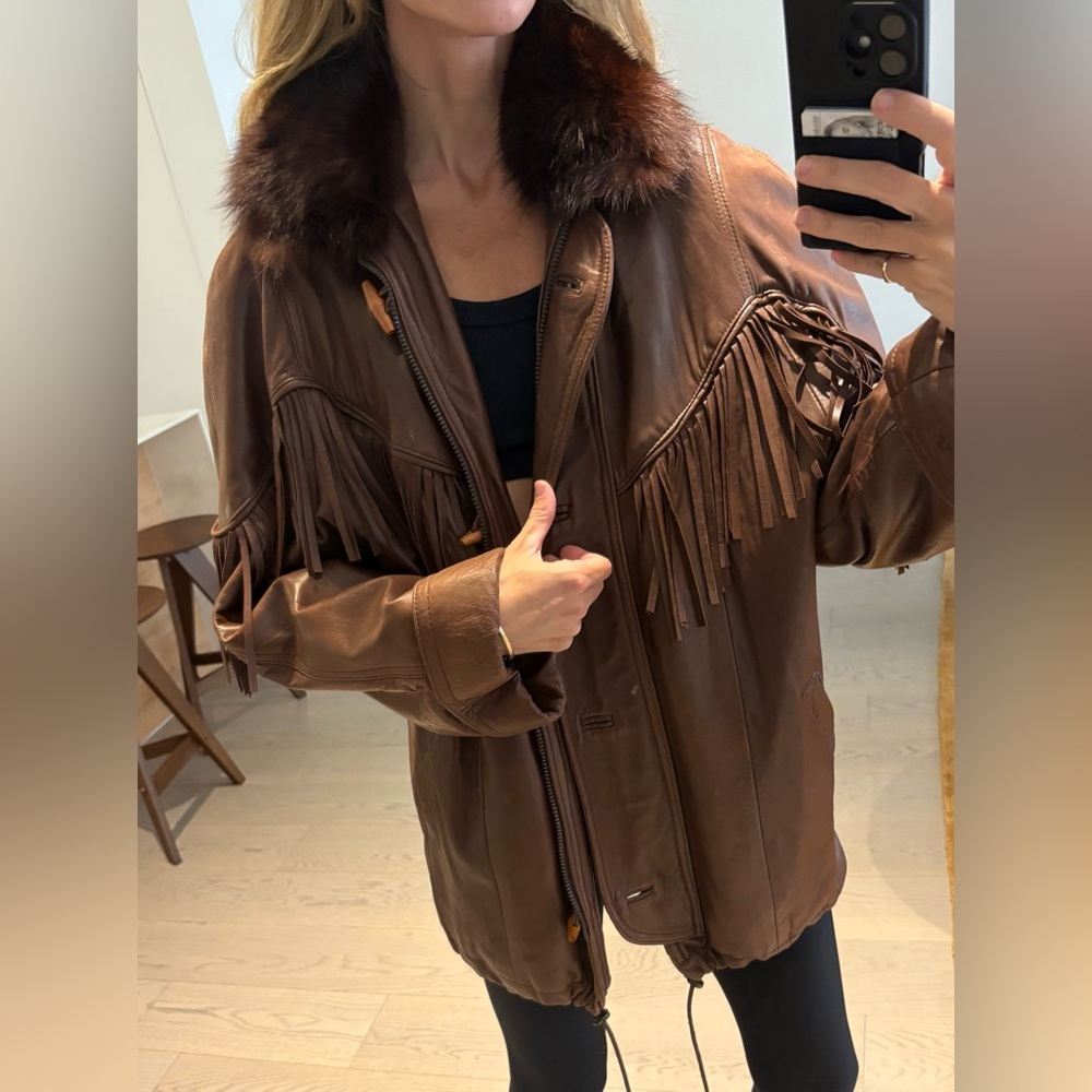 Vintage Leather Fringe Jacket with Removable Fur Collar wood toggles
